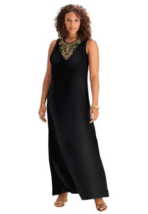 Roaman's Plus Size Sleeveless Crew Neck Maxi Dress in Black Gold Scroll at Nordstrom, Size 32