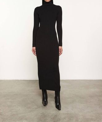 Enza Costa Silk Sweater Rib Ankle Turtleneck Dress In Black