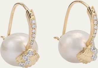 Sydney Evan 14K Gold Clamshell and 10mm Freshwater Pearl Diamond Earrings