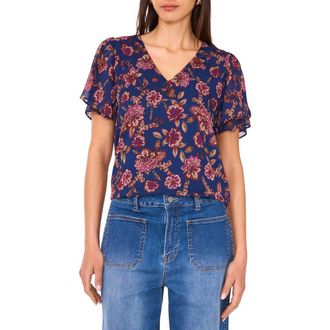 Vince Camuto Floral Ruffle Sleeve Top in Deep Sky at Nordstrom Rack, Size X-Large