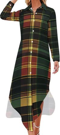 Generic Green Red Buffalo Scottish Tartan Plaid Checkered Womens Casual Maxi Dresses Long Sleeve Ladies Long Dress Button-Down Shirt Dress XL