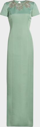 Theia Sorelia Beaded Duchess Satin Column Gown