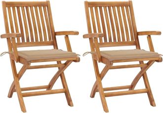 vidaXL Sillas Plegables (2 Unidades) Con Cojines Beige, De Madera Maciza De Teca. Vidaxl