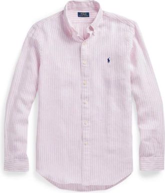 Ralph Lauren OP Maat Gemaakt Linnen Shirt - Strepen Roze/Wit - Heren - Casual Overhemden - Roze - 2XL - Linnen - Overhemden