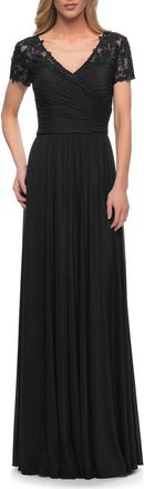 La Femme Jersey Long Evening Dress with Short Lace Sleeves in Black at Nordstrom, Size 18
