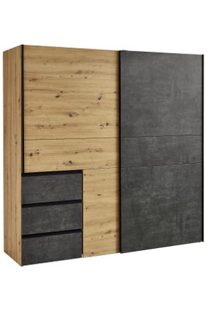 CARRYHOME Schwebetürenschrank, Dunkelgrau, Eiche Artisan, Holzwerkstoff, 3 Fächer, 3 Schubladen, 200x200x61 cm, Typenauswahl, in verschiedenen