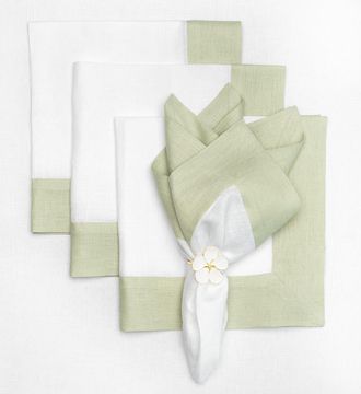 Solino Home Linen Dinner Napkins Set of 4, 20 x 20 Inch for Dining Table, Holiday and Everyday Table Decor - Contempo in Sage Green And White at