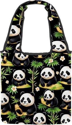 Generic Cute Cartoon Panda Reversible Canvas Shoulder Tote - Double-Sided Print, 12oz Cotton, 27cm Drop, Fold-Flat Bag for Travel, Shopping, Street Outings