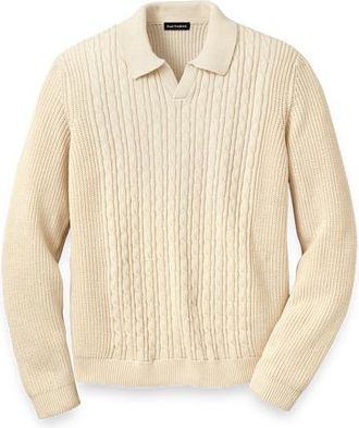 Paul Fredrick Cotton Cable V-neck Polo in Ivory at Nordstrom, Size Xx-Large