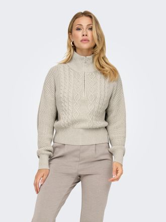 Only Stehkragenpullover ONLY ONLDORITTA LS CABLE ZIP HIG NECK KNT, Damen, Gr. XS, pumice stone, Strick, Obermaterial: 60% Baumwolle, 40% Polyacryl, unifarb
