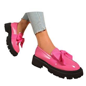Generic Womens Cute Bowknot Loafers Leather Platform Chunky Lug Sole Slip On Shoes Solid Round Toe Casual Dressy Comfortable Loafers for Women Lightweight Bus