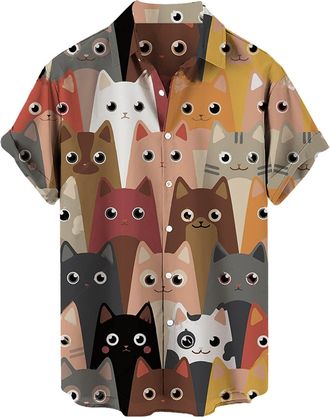 Generic Mens Non-Iron Short Sleeve Cat Print Hawaiian Shirt Casual Coconut Tree Hawaiian Bowling Shirt for Men Button Short Sleeve Aloha Shirts Hawaiian Print