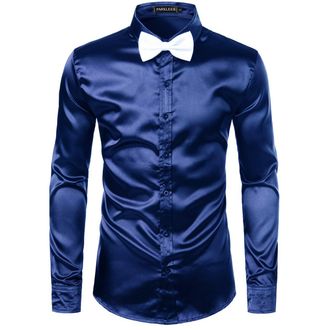 PARKLEES Mens Luxury Shiny Silk Like Satin Long Sleeve Dress Shirts for Party Disco Prom PZLCL14 Navy XXL