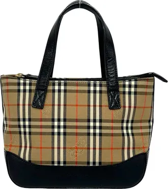 Burberry Beige Black Canvas Leather Handbag Tote Bag (Pre-Owned)