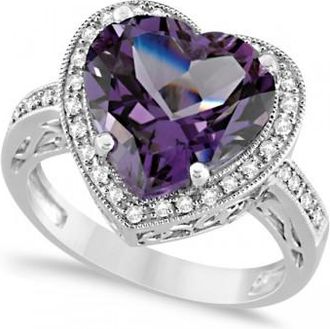 Allurez Heart Shaped Amethyst & Diamond Ring Halo 14K White Gold 5.41ct