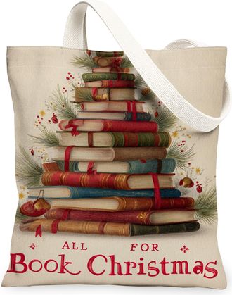 Generic Christmas Books Canvas Tote Bags, Retro Literature Design Lightweight Washable Shopping Bags, Holiday Seasonal Eco-Friendly, Cream, 13x15 Inch