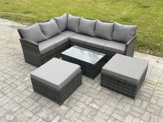 Fimous 8 Seater Rattan Lounge Corner Sofa Set Wicker PE Outdoor Garden Furniture Set with Coffee Table 2 Big Fotstools in Dark Grey