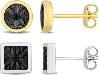 Mimi & Max Mens Square Round Black Diamond Stud Earrings 2-Piece Set Yellow White Sterling Silver