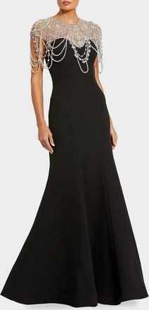 Mac Duggal Beaded Cap-Sleeve Mermaid Gown