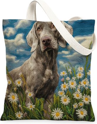 Generic Spring Weimaraner Dog Canvas Tote Bag for Shopping 13x15, Knitting Style Garden Puppy Reusable Grocery Print Pattern Bag for Women, Fun Pet Beach Aest