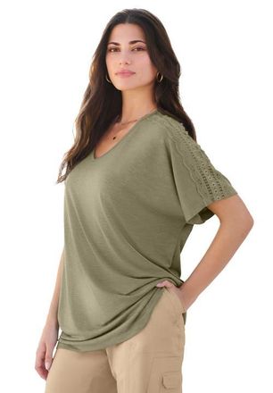 Roaman's Plus Size Lace Trimmed Textured Tee in Green Khaki at Nordstrom, Size 28