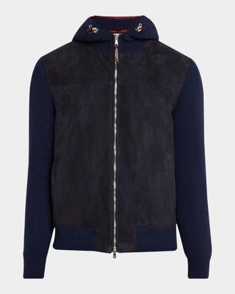 Brunello Cucinelli Men & apos;s Suede-Paneled Hooded Jacket