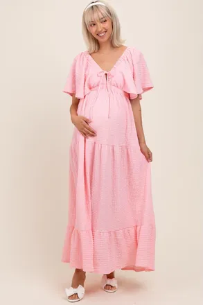Pinkblush Woven Textured Flutter Sleeve V-Neck Tiered Maxi Dress in Light Pink at Nordstrom, Size Small