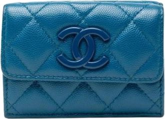 Chanel Pre-owned Wallets, female, Blue, Size: ONE SIZE Pre-owned Quilted Caviar Trifold Wallet
