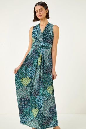 Roman Peacock Twist Front Maxi Dress