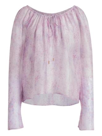 Alberta Ferretti Pastel Floral Organza Blouse with Gathered Neckline