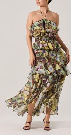 ASTR the Label Elena Floral Print Chiffon Halter Dress in Brown Yellow Floral at Nordstrom Rack, Size Small
