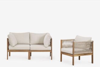 Sklum Conjunto De Jard&iacute;n Con Sof&aacute; Modular De 2 Piezas Con Reposabrazos Y Sill&oacute;n En Madera De Acacia Branson Sklum