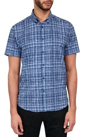 Brooklyn Brigade Slim Fit Tudor Textured Check 4-Way Stretch Performance Short Sleeve Shirt in Navy at Nordstrom, Size Small