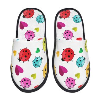 Generic Cotton Slippers Ladybugs Colorful Heart Print Soft Fuzzy Slippers Warm House Shoes For Room Hotel Ladies L