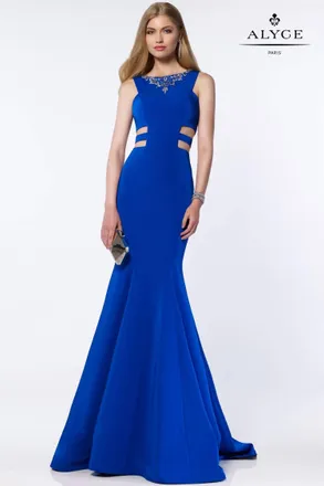 Alyce Paris Long Fit And Flare Side Cut Out Gown In Royal Blue