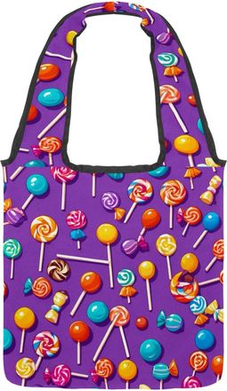 Generic Purple Candy Pattern Reversible Canvas Shoulder Tote - Double-Sided Print, 12oz Cotton, 27cm Drop, Fold-Flat Bag for Travel, Shopping, Street Outings