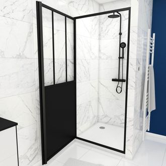 Aurlane Puerta De Ducha Abatible Negra 80x200+plato Blanco Efecto Piedra 80x80x4cm
