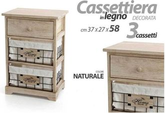 Trade Shop Trade Shop - Mobile Cassettiera In Legno Naturale 3 Cassetti 37x27x58cm Decorata Ceste 787805