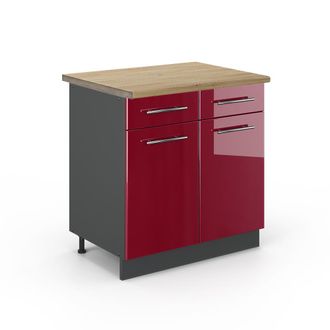 Vicco Mueble Bajo De Cocina Fame-line, Rojo Burdeos Alto Brillo, 80 Cm, Et Roble