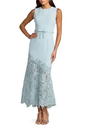 Mac Duggal Crepe Embroidered Hem Sleeveless Midi Dress in Powder Blue at Nordstrom, Size 12