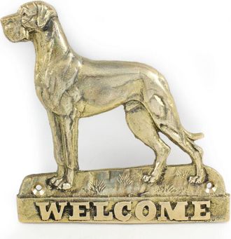 OEM Gran Dan&eacute;s Ii: Placa De Puerta Con Un Perro, Placa De Bienvenida De Lat&oacute;n, Letrero &Uacute;nico Con La Inscripci&oacute;n Welcome De Art-dog