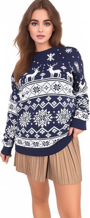 Generic Womens Knitted Christmas Jumper | Reindeer & Snowflake Pattern Festive Pom Pom Sweater | Ladies Family Xmas Winter Jumper (UK, Alpha, S, M, Regular, R