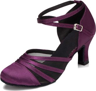 Minitoo Womens Latin Salsa Closed Toe Satin Mesh Ballroom Dance Shoes Party Pumps L189 Purple UK 6.5