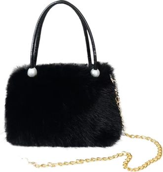 Generic Womens Plush Bags Fluffy Pearl Chain Womens Bag Purses And Handbags Plush Shoulder Underarm Small Square(Black)
