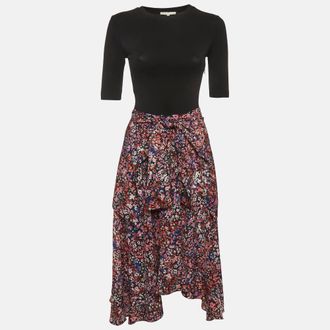 Maje Black Floral Print Jersey And Crepe Flared Midi Dress