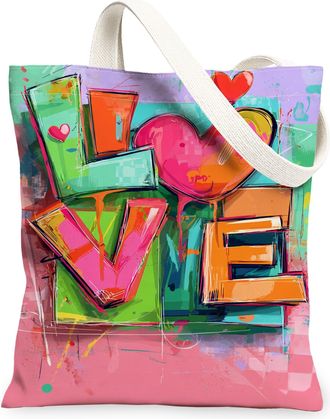 Generic Colorful Love Canvas Tote Bags, Heart Pattern Reusable Grocery Bags, Spring Modern Chic Lightweight Washable Canvas for Tra, Colorful, 13x15 Inch