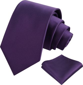 Alizeal Mens 8cm Solid Color Necktie and Hanky Classic Business Formal Tie with Pocket Square Set, Dark Purple