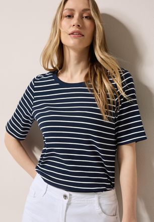 Cecil T-Shirt CECIL, Damen, Gr. XS (36), blau (universal blau), Jersey, Obermaterial: 95% Baumwolle, 5% Elasthan, gestreift, regular fit taillenbedeckt, Run