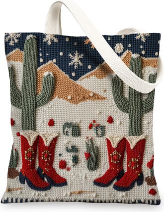 Generic Christmas Western Cactus Canvas Tote Bag for Shopping 13x15, Embroidery Southwest Xmas Reusable Grocery Print Bag for Women Men, Holiday New Year Aest