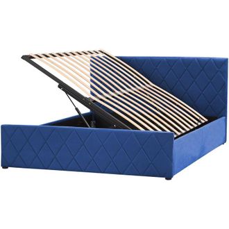 Beliani Cama Con Somier De Terciopelo Azul Marino 140 X 200 Cm Almacenaje Cabecero Rochefort